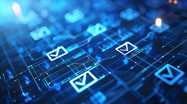 A digital representation of compliance standards on a blue screen, featuring checkboxes and policy documentation, showcasing adherence to regulatory guidelines