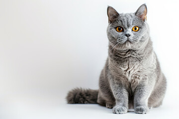 Obraz premium Grey british shorthair cat sitting on white background