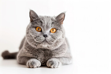 Obraz premium Gray cat with orange eyes lying on white background