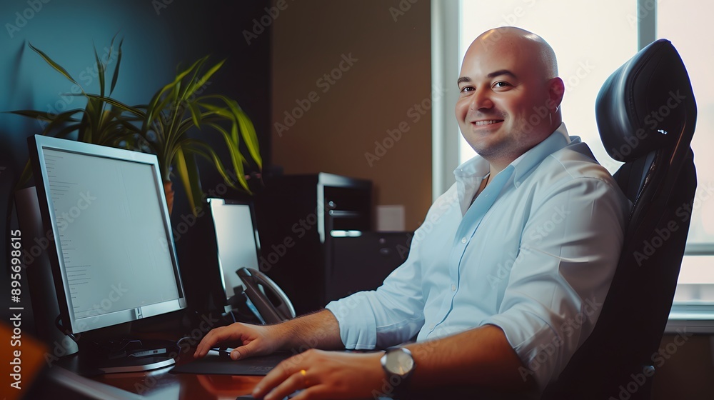 Poster smiling man working on computer in office.