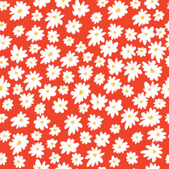 Floral pattern on red background. Seamless pattern with cute white  flowers, vector illustration.	
