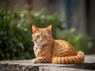 orange cat with blur background, orange cat is sitting and looking