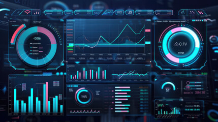 Obraz premium A financial dashboard displaying real-time business intelligence data, profit statistics, and company performance metrics.