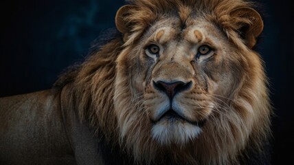 Fototapeta premium A lion with a long mane and blue eyes staring at the camera against a black background.