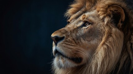 A lion with a black background, gazing to the side in a close-up shot.