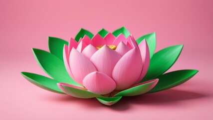 Neon lotus flower on pink background, 3D render.
