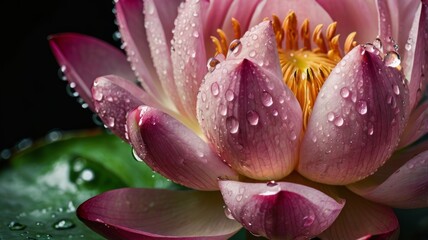 A beautiful pink lotus flower adorned with fresh water droplets.