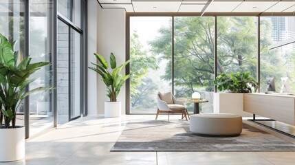 Fototapeta premium Modern Lobby with Greenery and Natural Light