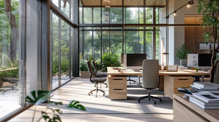 Fototapeta premium Modern Office with Large Windows and Green Views