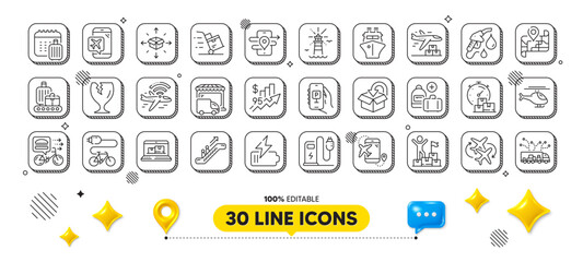 Web inventory, Truck delivery and Rise price line icons pack. 3d design elements. Add handbag, Delivery plane, Fragile package web icon. Ship, Petrol station, Helicopter pictogram. Vector