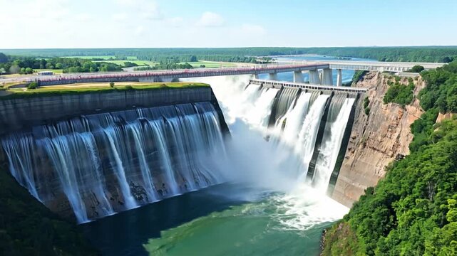 Aerial shot: A large dam with water flowing over it. Bright, even lighting to capture the engineering marvel.