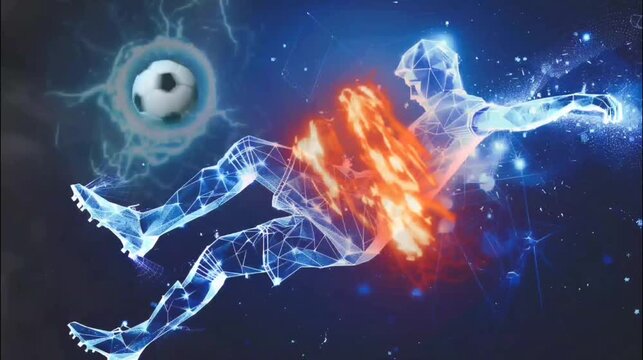 High-tech soccer ball player with a digital overlay and futuristic fire elements. Seamless loop video background