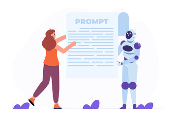 Character working as a prompt engineer, creating content using a generative AI model. Concept of artificial intelligence in business. Vector illustration