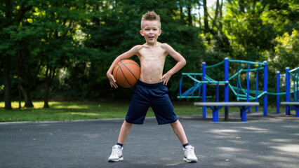 Obraz premium A young boy with no shirt holding a basketball in his hand, AI