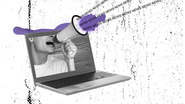Stop motion, animation. Female hand holding megaphone with news lettering isolated over color background. Concept of creativity, mass media influence, information, news. Copy space for ad