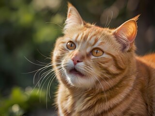 orange cat with blur background, orange cat is sitting and looking