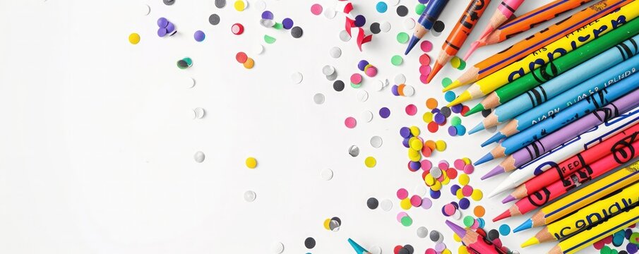 Colorful crayon and pencil kids party design in high resolution on white.
