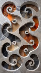 A mosaic wall art featuring intricate spirals
