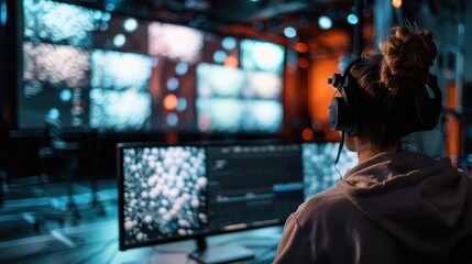 Obraz premium A person utilizing a computer with multiple screens displaying data and visuals, emphasizing a high-tech, data-driven approach to work, akin to monitoring and analyzing information.