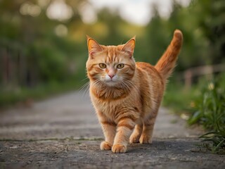 orange cat with blur background, orange cat is sitting and looking
