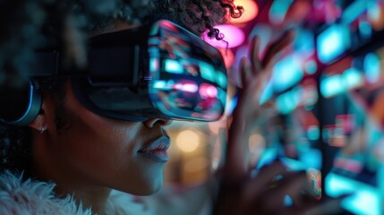 A person is interacting with a virtual reality headset, standing among vibrant and colorful digital screens, illustrating the exciting potential of immersive technology in visionary settings.
