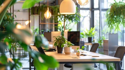 Fototapeta premium Green Office Interior with Desk and Plants