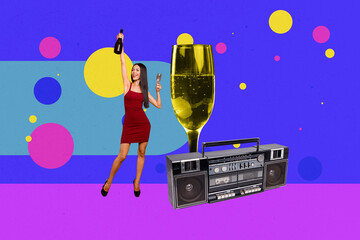 Composite photo collage of happy girl hold champagne glass bottle retro party event boombox music...