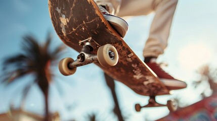 A skateboarder executes a mid-air trick against a sunny backdrop, with palm trees and vibrant graffiti capturing the lively, energetic atmosphere of urban outdoor sports.