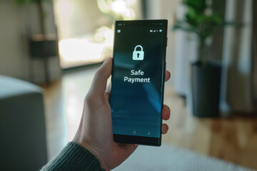 Man is holding a smartphone displaying a safe payment message, suggesting secure online transactions