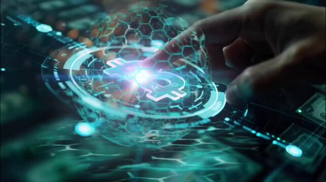 Hand touching a digital bitcoin currency icon on a digital interface. Seamless looping time-lapse 4k video animation background