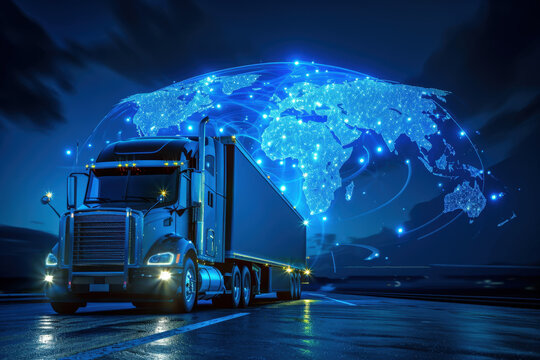Semi-trailer truck driving at night delivering around the world with global network connection showing international trade and logistics
