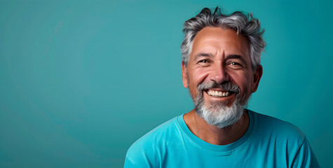 Obraz premium Studio portrait of smiling and friendly middle aged man with gray hair and beard, colorful aqua blue t shirt and background