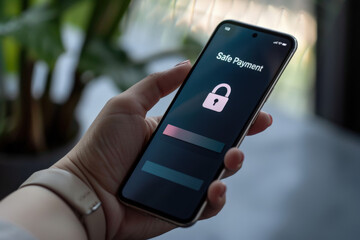 Woman holding smartphone showing secure payment screen with a lock icon, ensuring secure online transactions