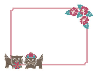 沖縄の伝統、紅型のハイビスカスとシーサーのフレーム