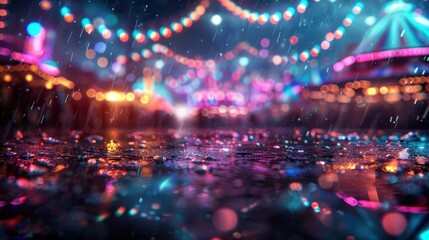 A vibrant, rainy night scene at a fairground with colorful lights reflecting off the wet ground, creating a lively and magical atmosphere full of energy and excitement.