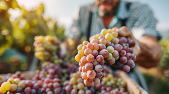An attentive farmer delicately harvests ripe, colorful grapes in a vineyard, capturing the dedication, care, and expertise involved in sustainable farming practices early in the day.