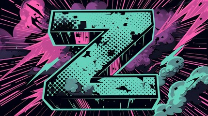 Bold letter "Z" in Pop art lightning bolts, playful green and purple comic book style background.