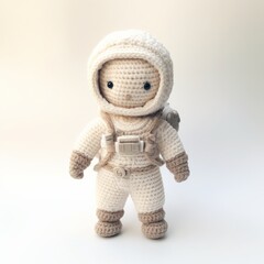A cute yarn wool astronaut doll stands ready for space exploration