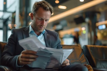 Businessman in an airport lounge, reading documents, professional travel, photorealistic