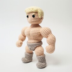 A crocheted doll with defined muscles and a determined expression