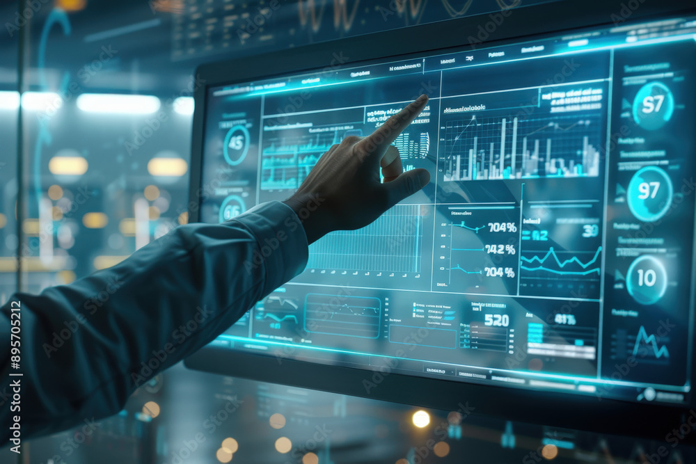Aufkleber business analyst analyzing big data displayed on an interactive touchscreen in a modern technologica