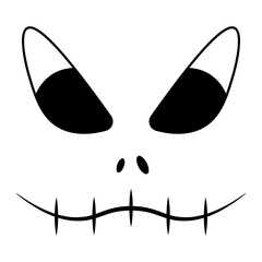 Angry facial expression. The mouth is sewn shut. Mask. Sketch. Vector illustration. Outline on isolated white background. Doodle style. An ominous grimace. Idea for web design.