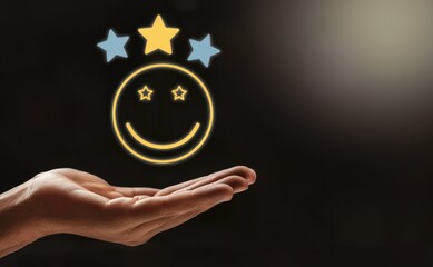 Hand holding smiley face icon with three stars above it symbolizing high customer satisfaction and positive feedback, excellent service quality, satisfaction rating