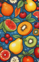 Illustrative and colorful representation of different fruits and leaves side by side