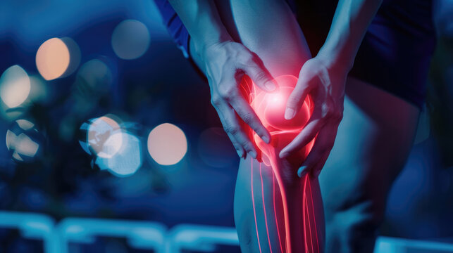 Close-up of knee pain with glowing red hip and leg on dark blue background