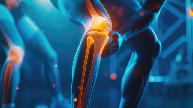 Close-up of knee pain with glowing red hip and leg on dark blue background