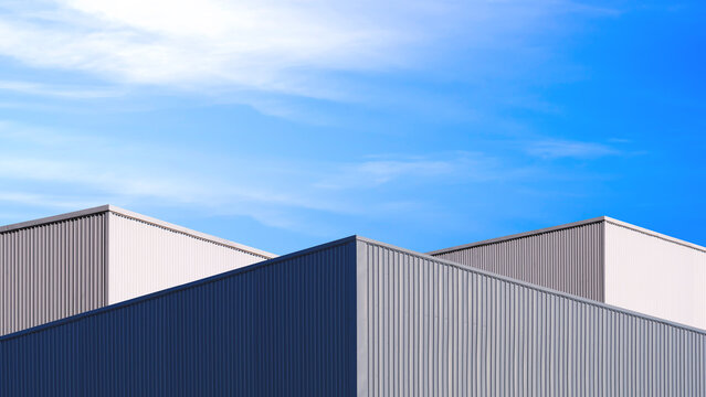 Geometric 3 gray and white aluminium industrial factory buildings with sunlight and shadow on surface against blue sky background, low angle view