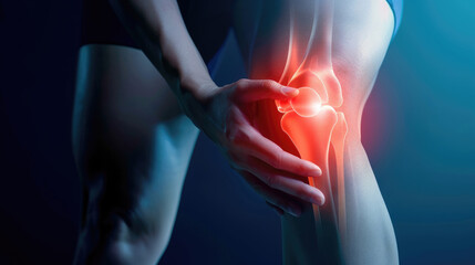 Close-up of knee pain with glowing red hip and leg on dark blue background
