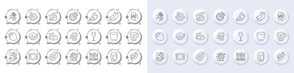 Mint bag, Food app and Vegetables cart line icons. White pin 3d buttons, chat bubbles icons. Pack of Pizza, Potato chips, Pecan nut icon. Strawberry, Salad, Vegetable pictogram. Vector