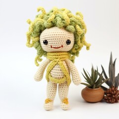 Handmade yarn Gorgon doll smiling on white